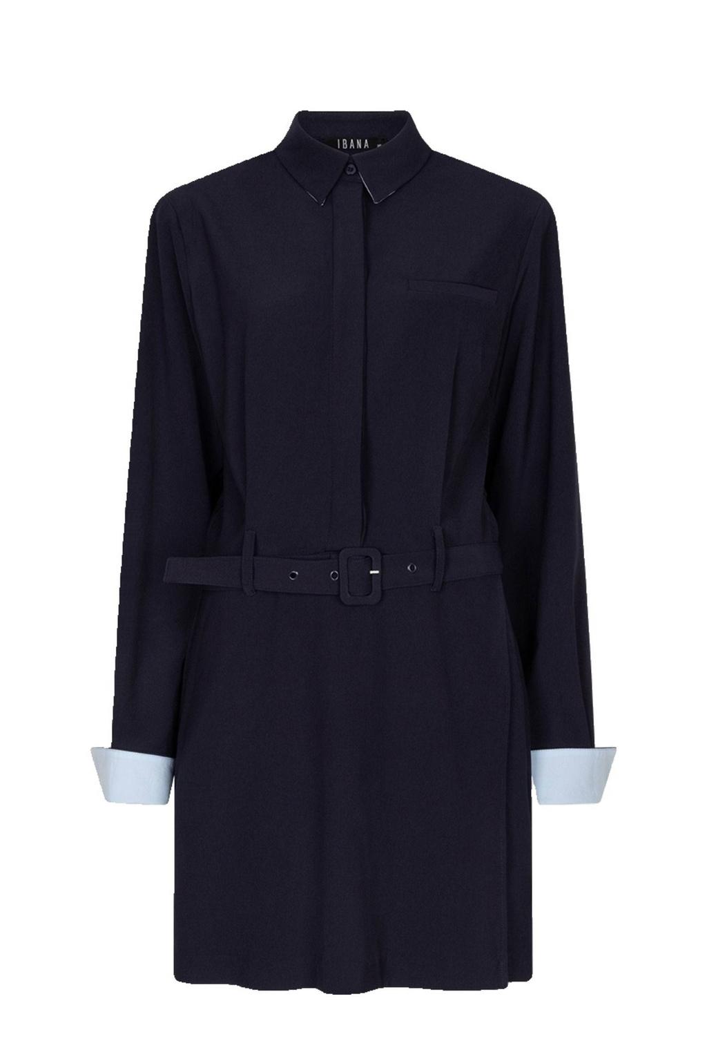 Donkerblauwe dames IBANA playsuit van polyester met effen, lange mouwen, klassieke kraag en ceintuur