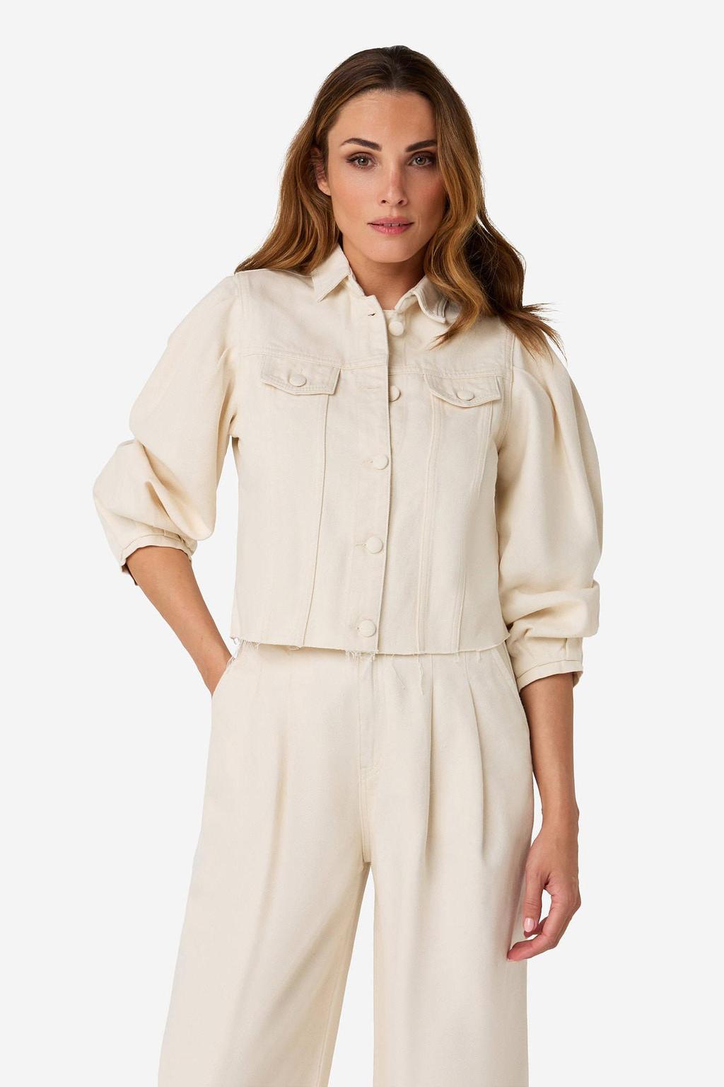 Ecru dames IBANA blouse van katoen met effen, lange mouwen, klassieke kraag en knoopsluiting