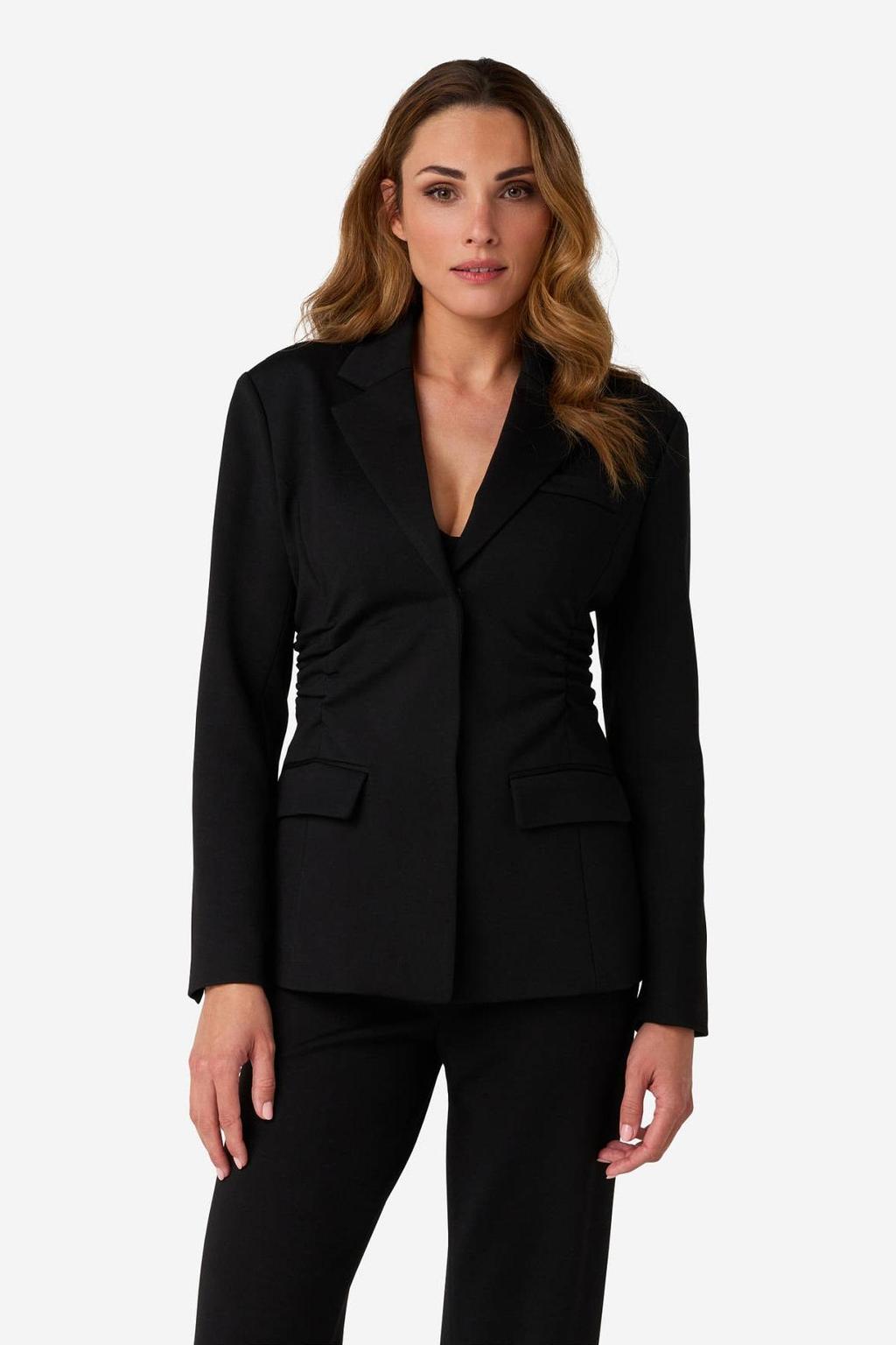 Zwarte dames IBANA getailleerde blazer van rayon met effen, lange mouwen, reverskraag en knoopsluiting