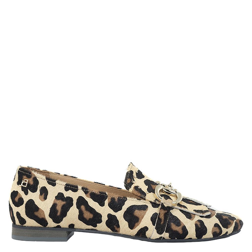 Beige en zwarte dames Babouche G-Dena-2 leren loafers met ponyhair en met panterprint