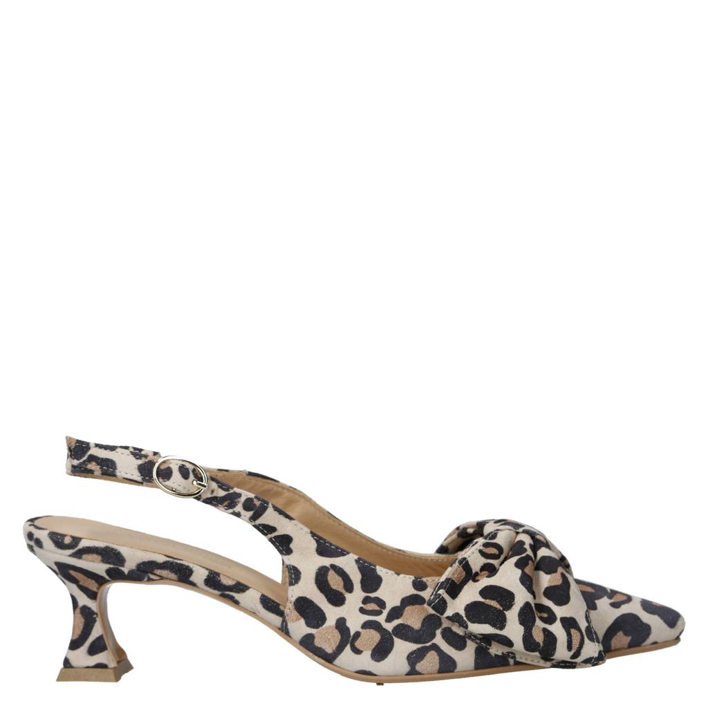 Beige en zwarte dames Babouche Jojo-2 suède leren slingback pumps en strik met gesp en panterprint