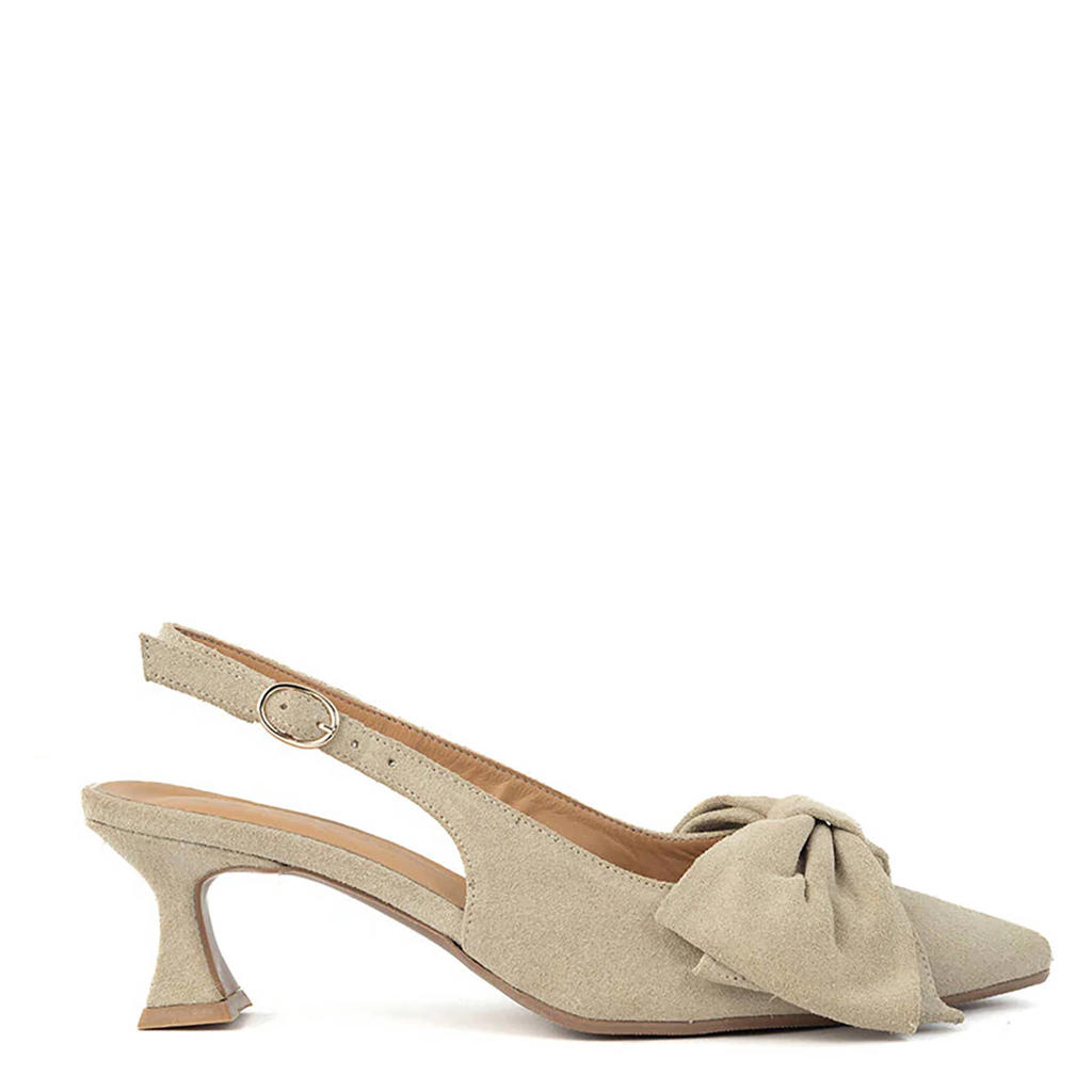 Beige dames Babouche Jojo-2 suède leren slingback pumps met strik met gesp