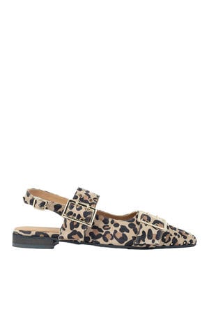 suède leren slingback loafers met panterprint beige/zwart