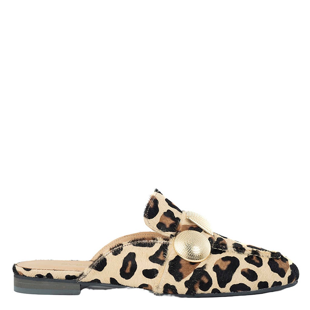 Beige en zwarte dames Babouche G-Lara-8 leren slippers met panterprint