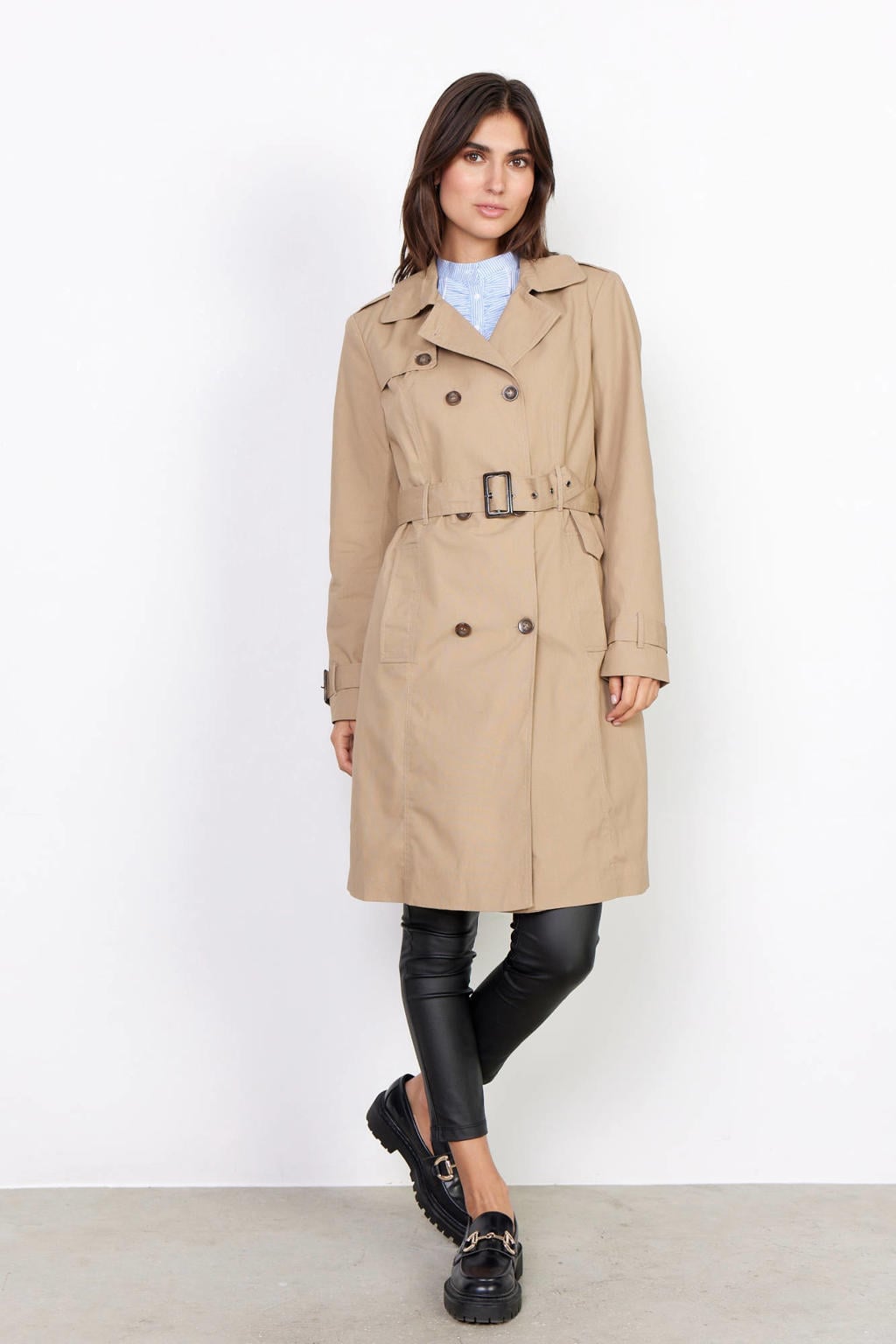 Beige dames Soyaconcept trenchcoat van polyester met effen, lange mouwen, reverskraag en knoopsluiting