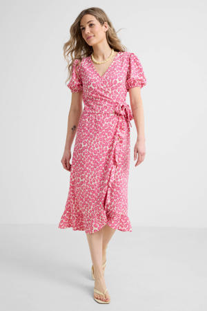 crinkle midi overslagjurk met bloemenprint roze