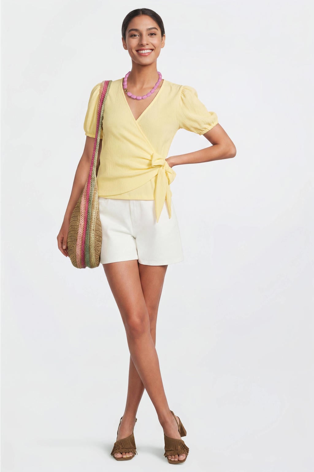 Lichtgele dames Anytime crinkle overslagtop van polyester met effen en korte mouwen