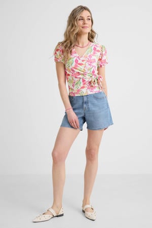 crinkle overslagtop met pofmouwen multi