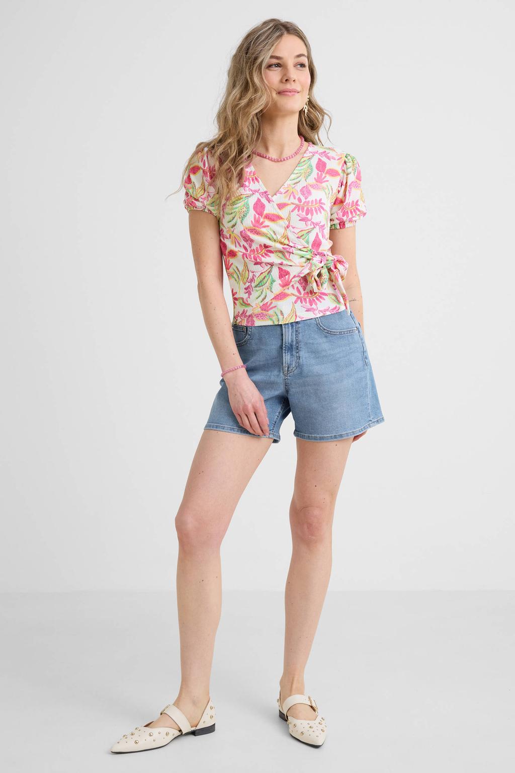 Multikleurige dames Anytime crinkle overslagtop van polyester met korte mouwen