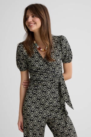 crinkle overslagtop met pofmouwen zwart/wit