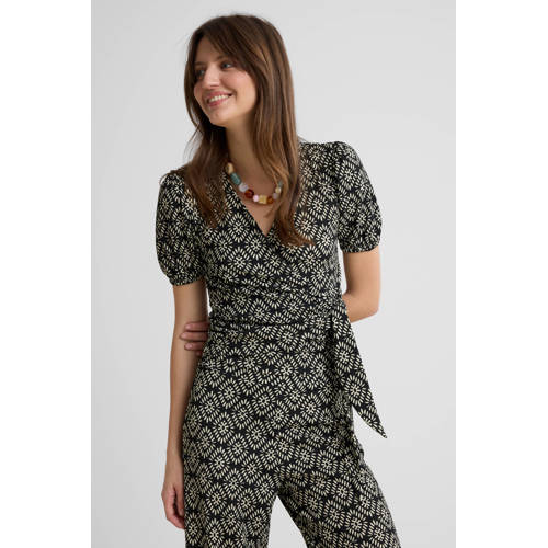 Anytime crinkle overslag top met pofmouwen zwart/wit afbeelding