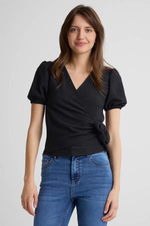 crinkle overslagtop met pofmouwen zwart