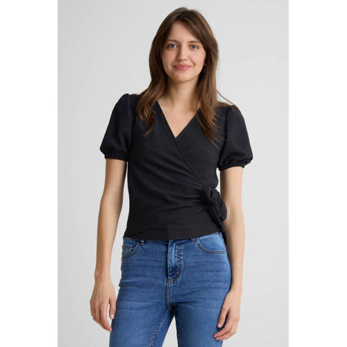 Anytime crinkle overslag top met pofmouwen zwart afbeelding