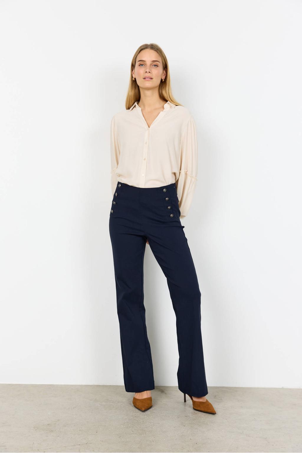 Marineblauw dames Soyaconcept straight high waist broek blauw van viscose met elastische tailleband en effen