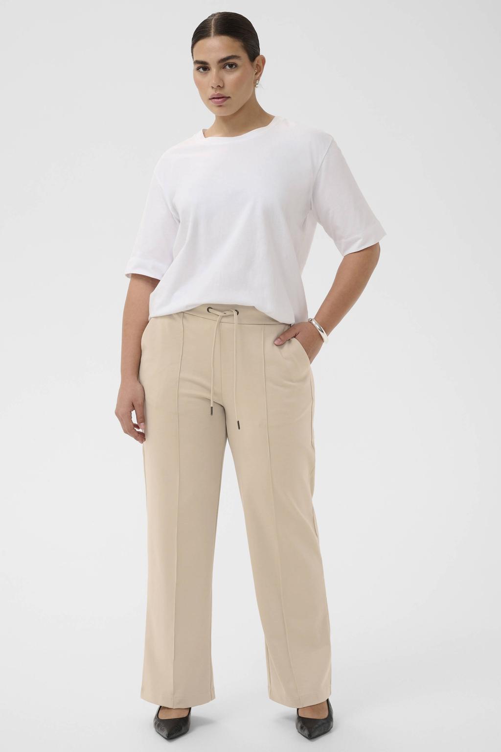 Beige dames Kaffe Curve wide leg high waist broek met elastische tailleband met koord en effen