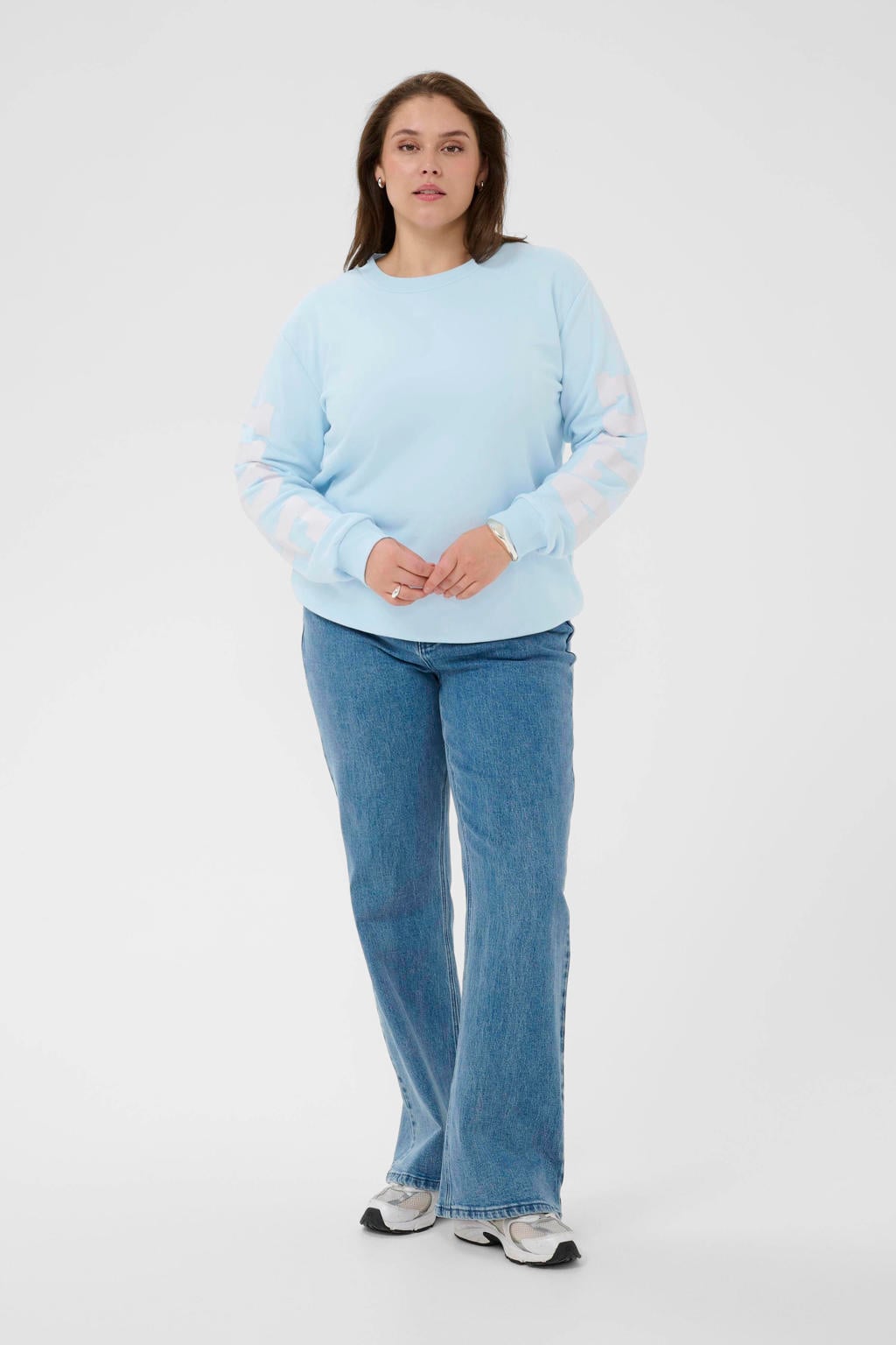 Lichtblauwe dames Kaffe Curve sweater van katoen met backprint, lange mouwen, ronde hals en elastische boord