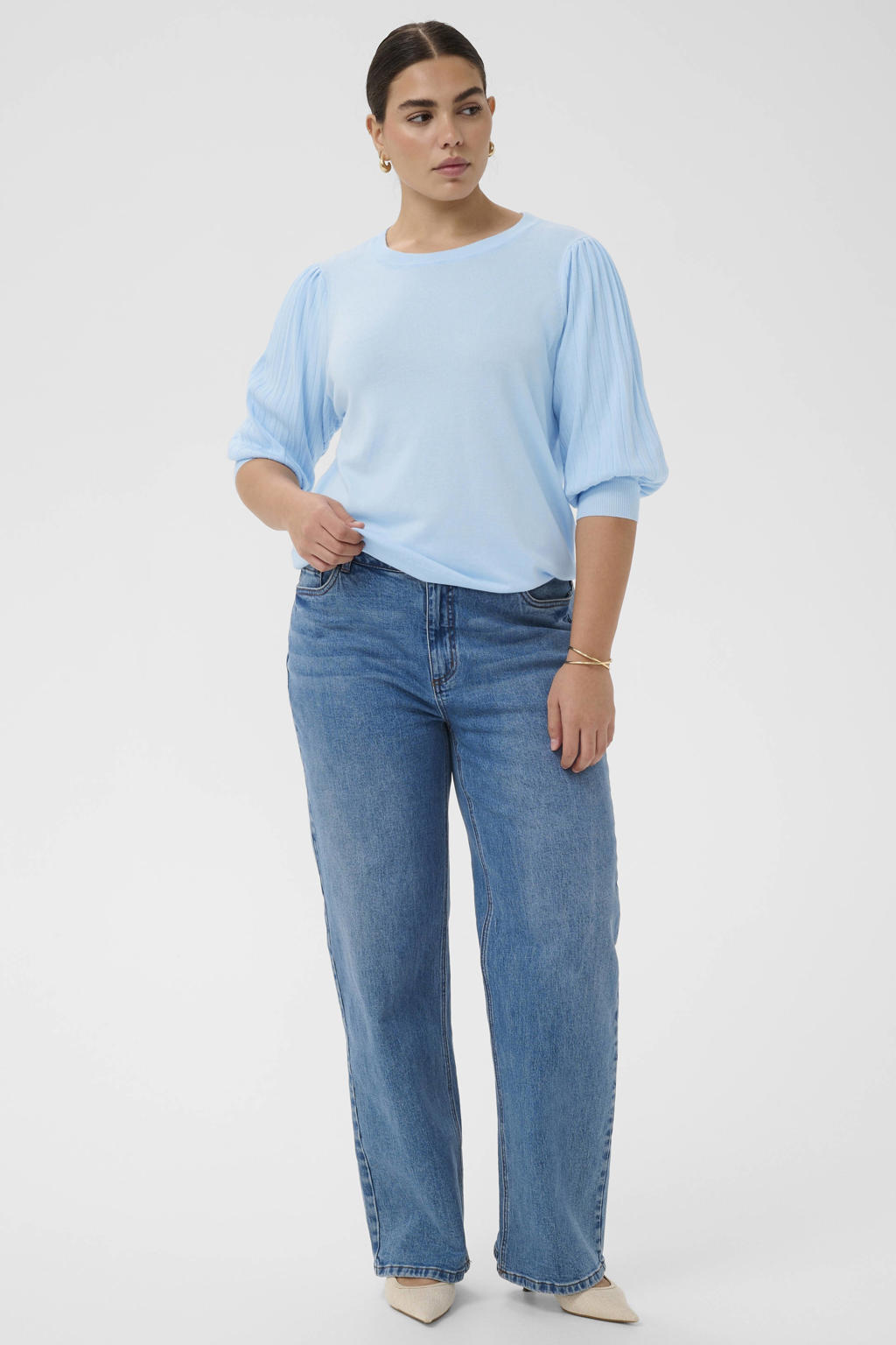 Lichtblauwe dames Kaffe Curve top van viscose met effen, lange mouwen, ronde hals en geribde boorden