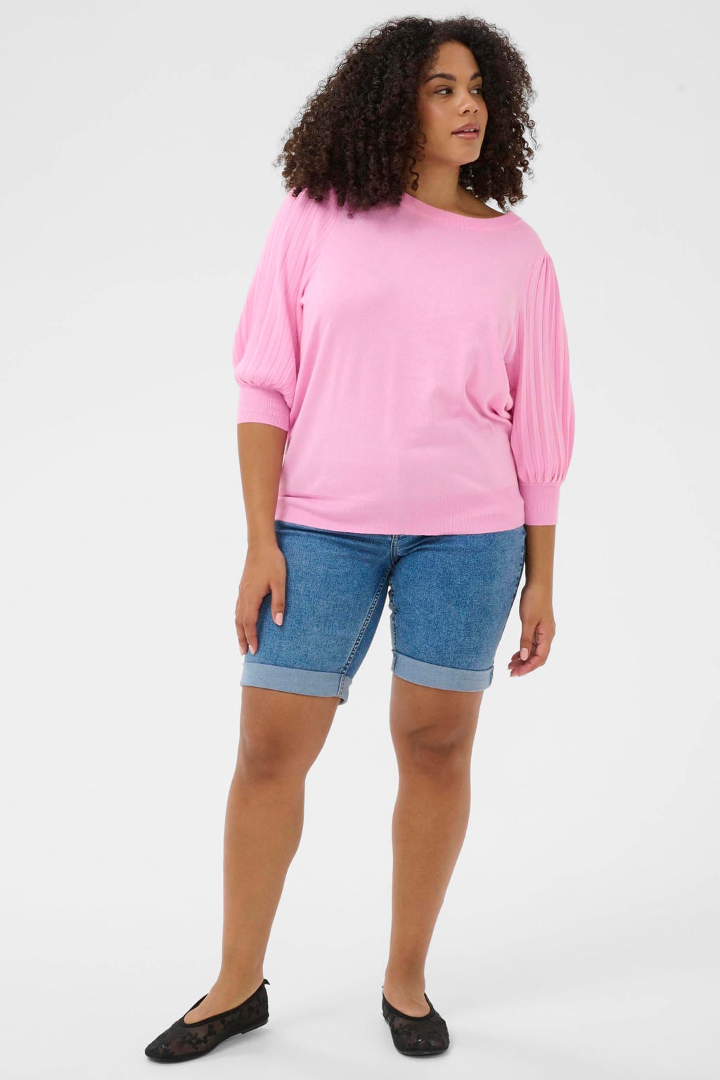 Roze dames Kaffe Curve top van viscose met effen, lange mouwen, ronde hals en geribde boorden