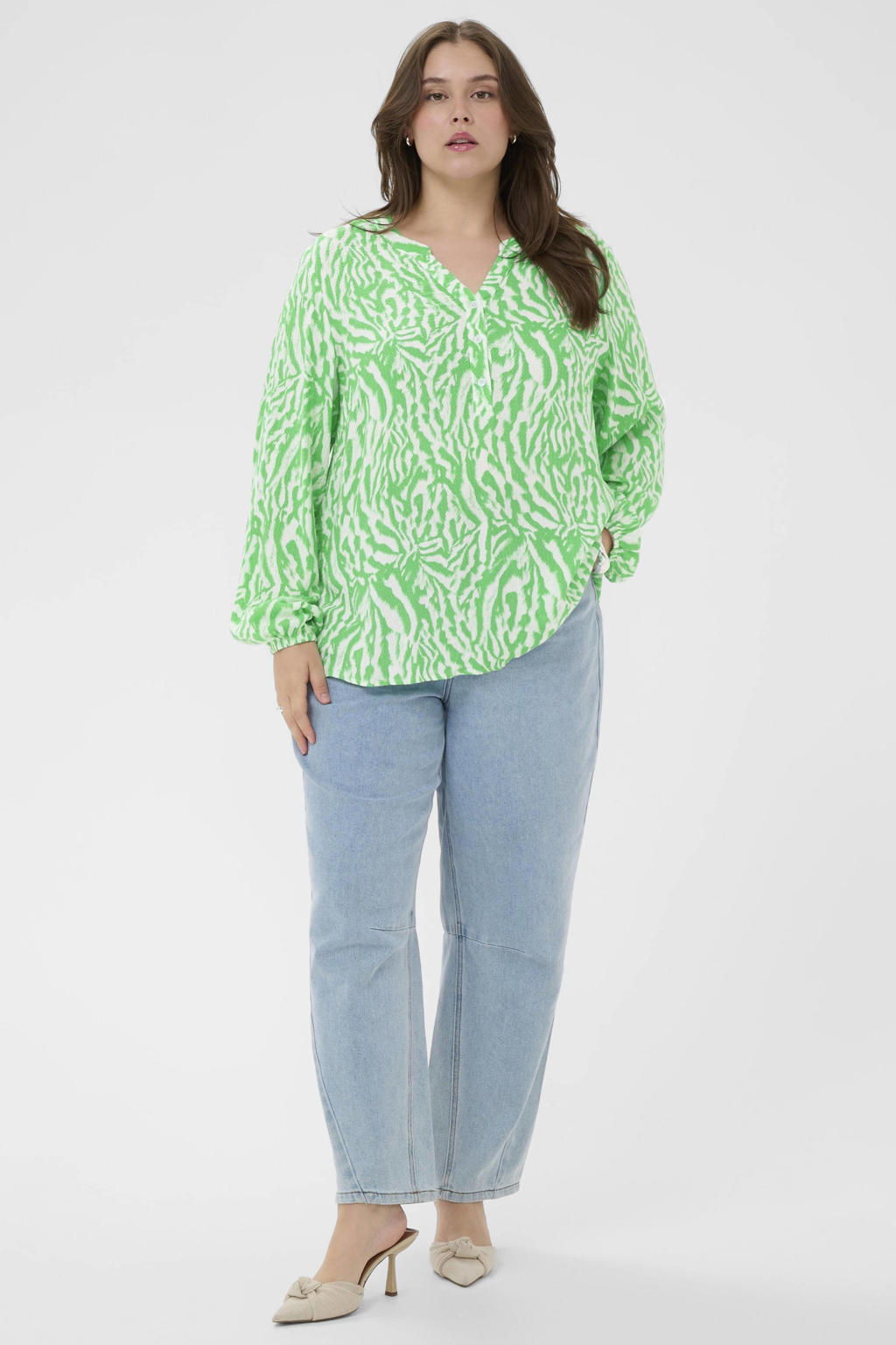 Groen en witte dames Kaffe Curve blousetop van viscose met lange mouwen en V-hals