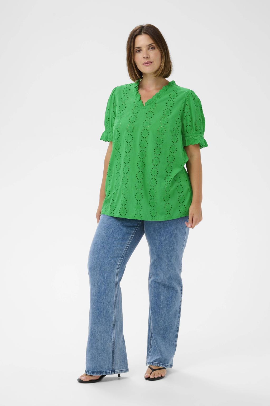 Groene dames Kaffe Curve blousetop broderie van katoen met effen, korte mouwen, V-hals en knoopsluiting