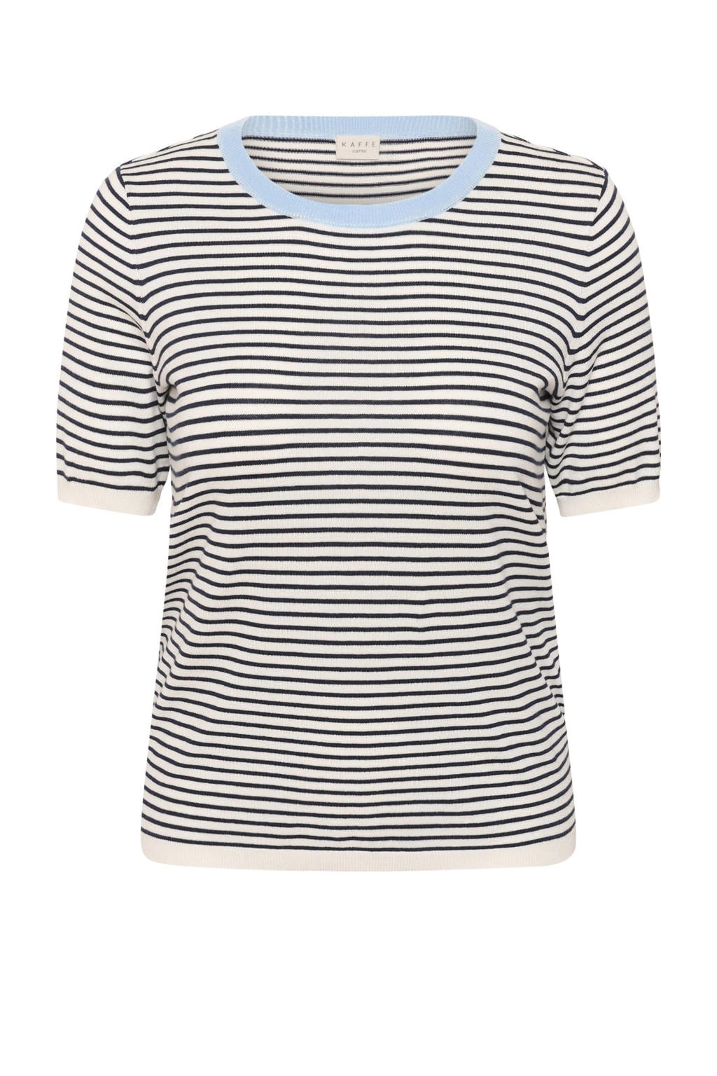 Donkerblauwe dames Kaffe Curve gestreepte T-shirt van viscose met korte mouwen, ronde hals en contrast bies