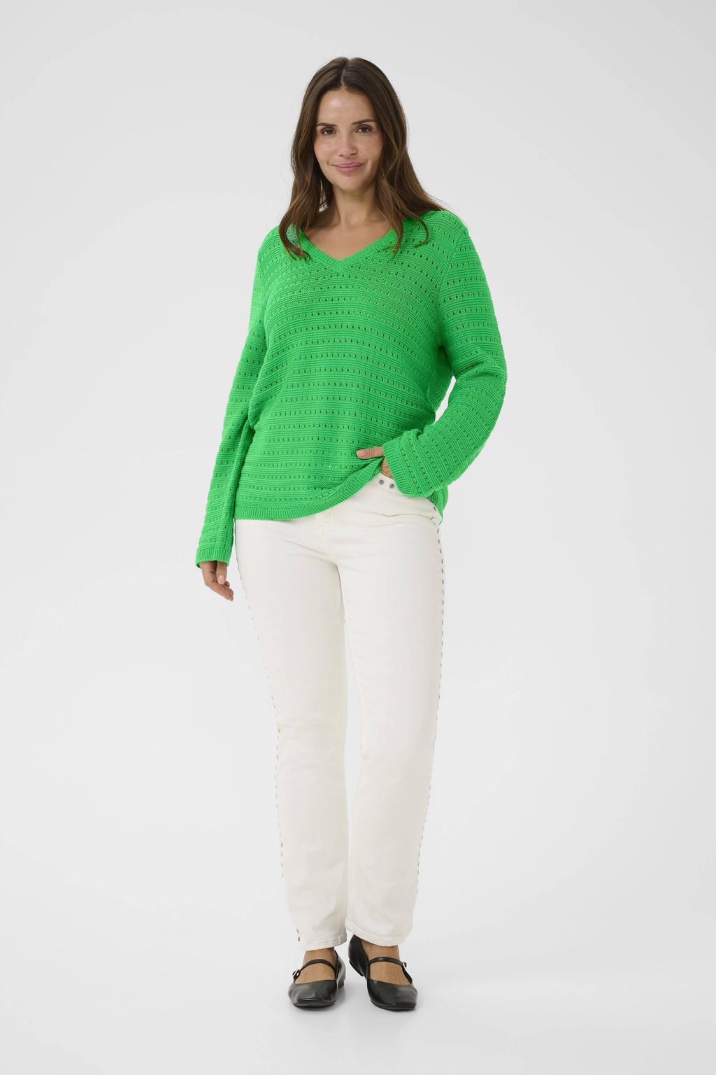 Groene dames Kaffe Curve pullover ajour van katoen met effen, lange mouwen en V-hals