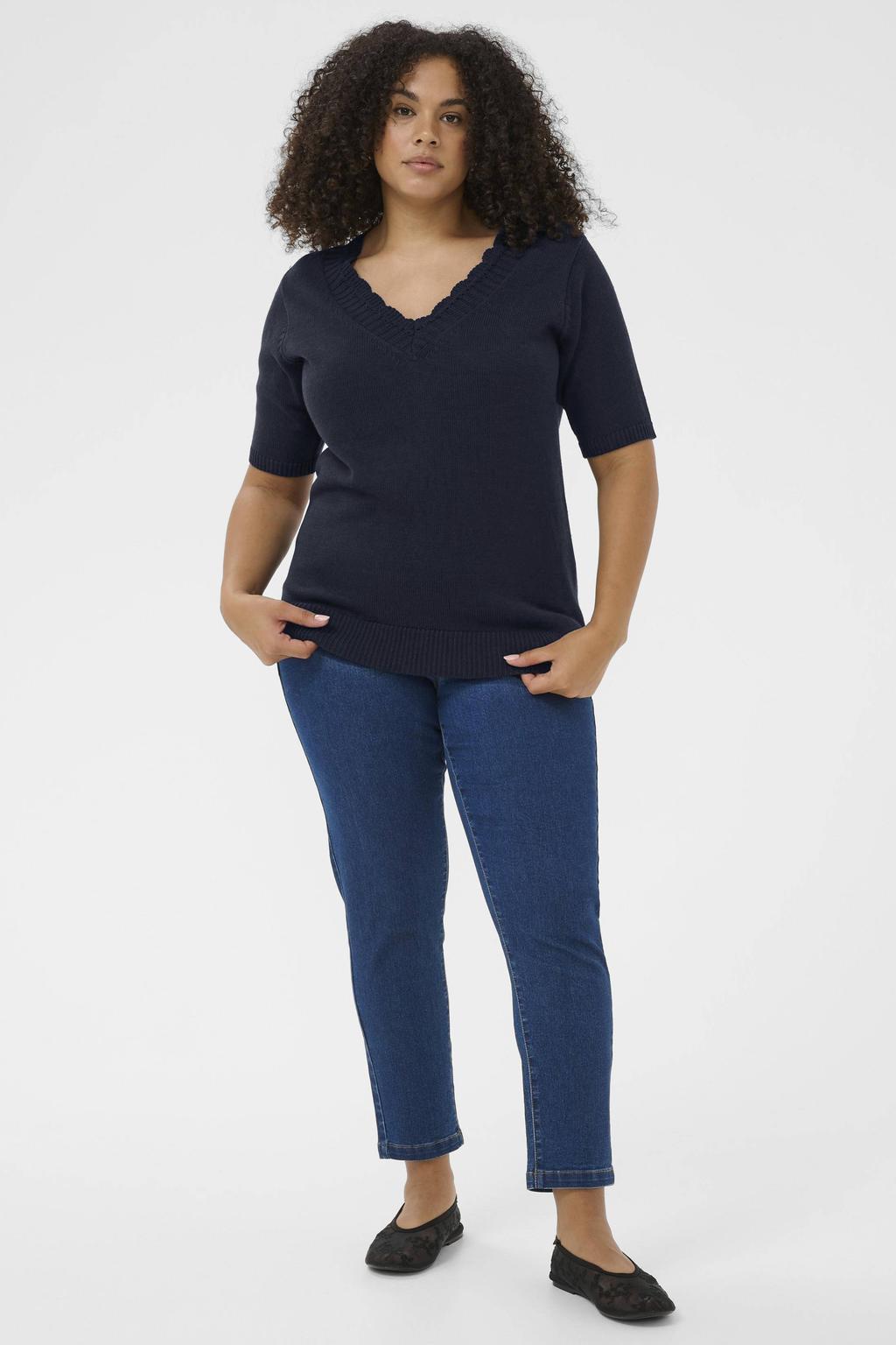 Donkerblauwe dames Kaffe Curve T-shirt van katoen met effen, korte mouwen, V-hals en geribde boorden
