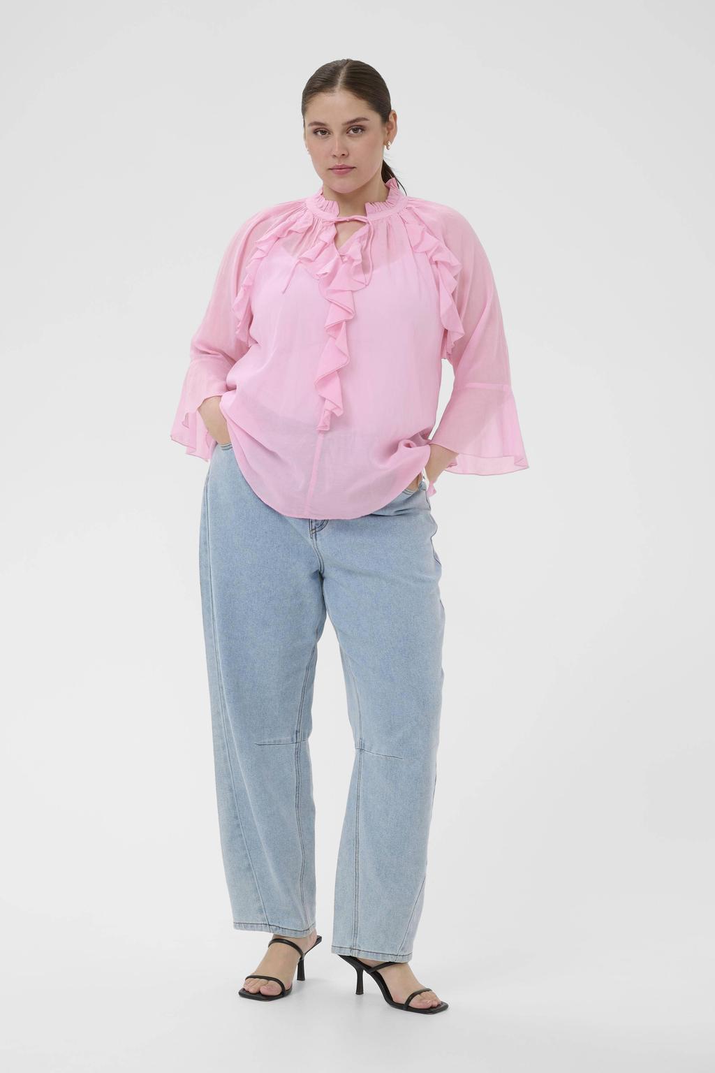 Roze dames Kaffe Curve blousetop van katoen met effen, driekwart mouwen, V-hals, knoopsluiting en ruches
