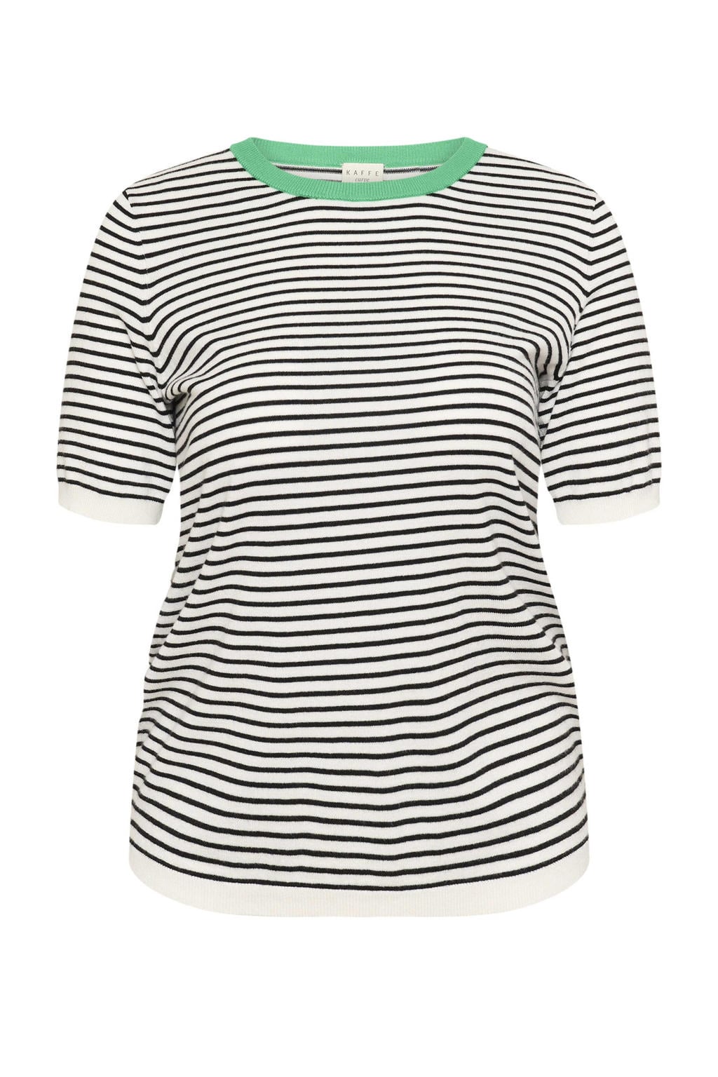 Zwarte dames Kaffe Curve gestreepte T-shirt van viscose met korte mouwen, ronde hals en contrast bies