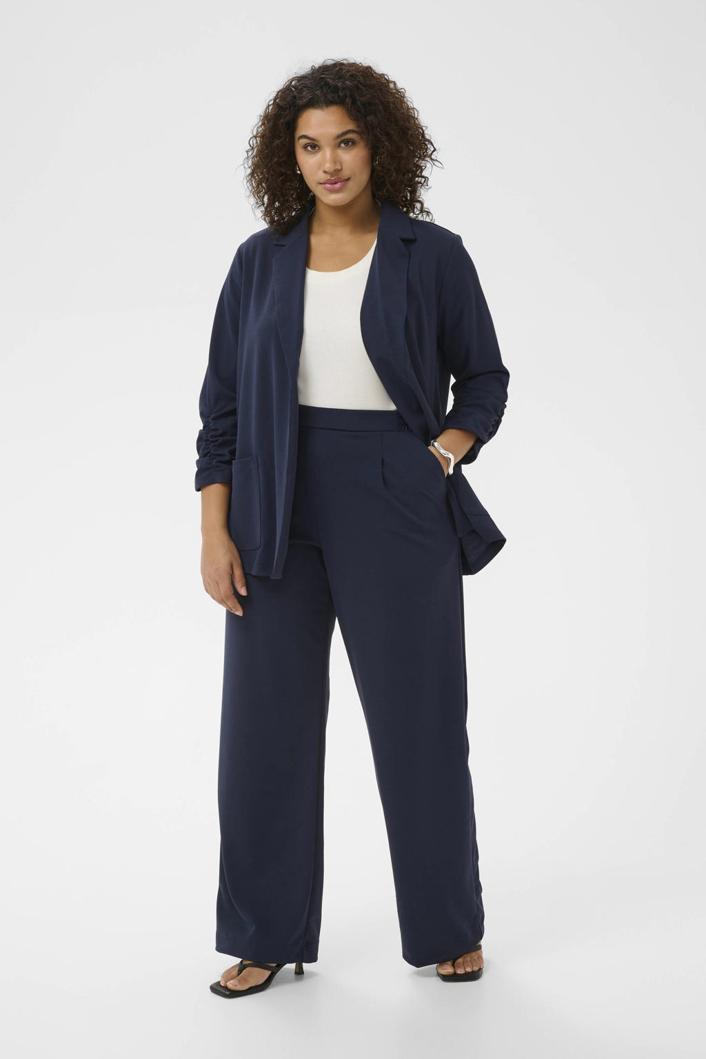 Donkerblauwe dames Kaffe Curve wide leg high waist casual broek met effen