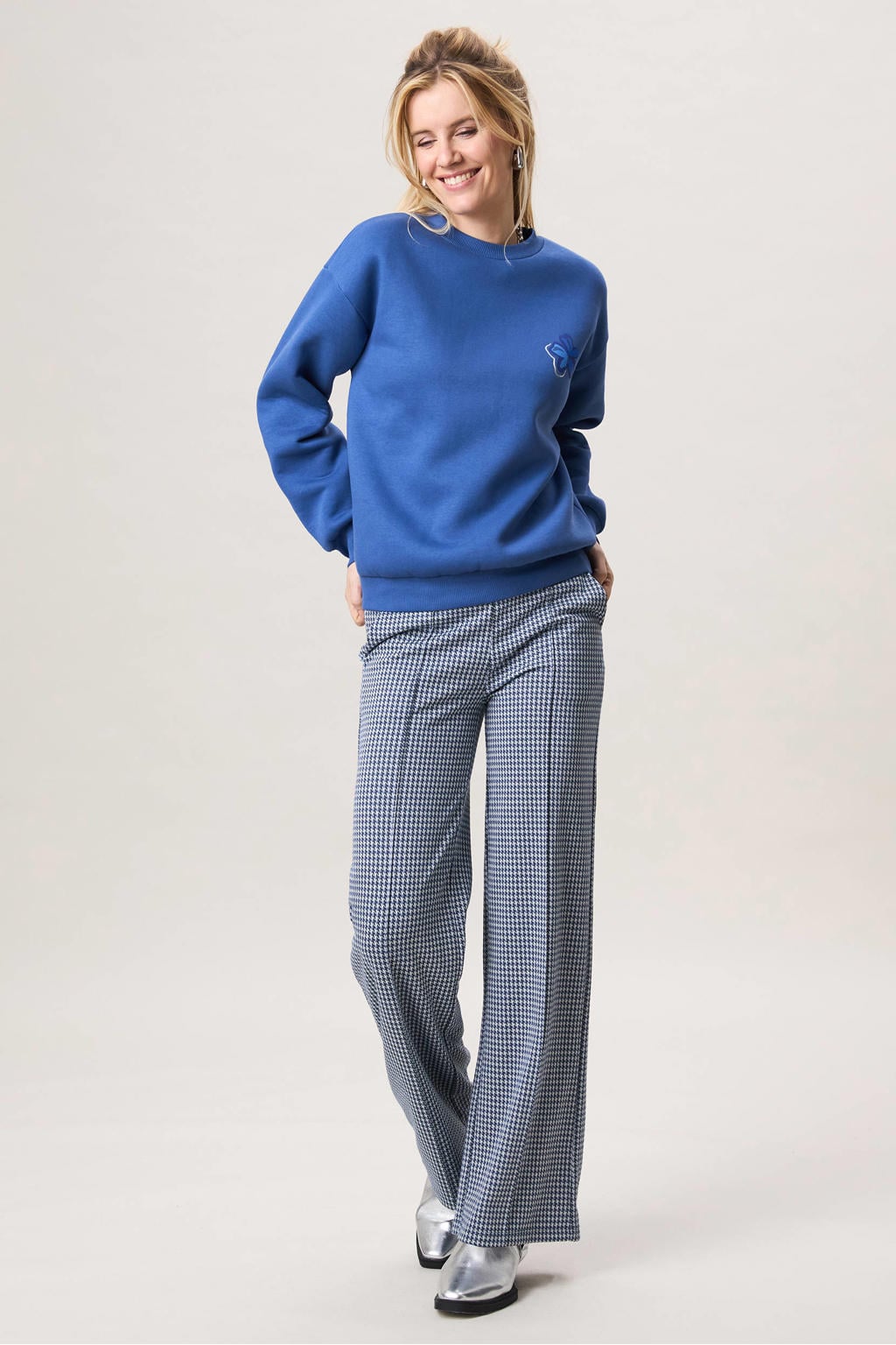 Blauwe dames Miss Etam sweater van katoen met printopdruk, lange mouwen en ronde hals
