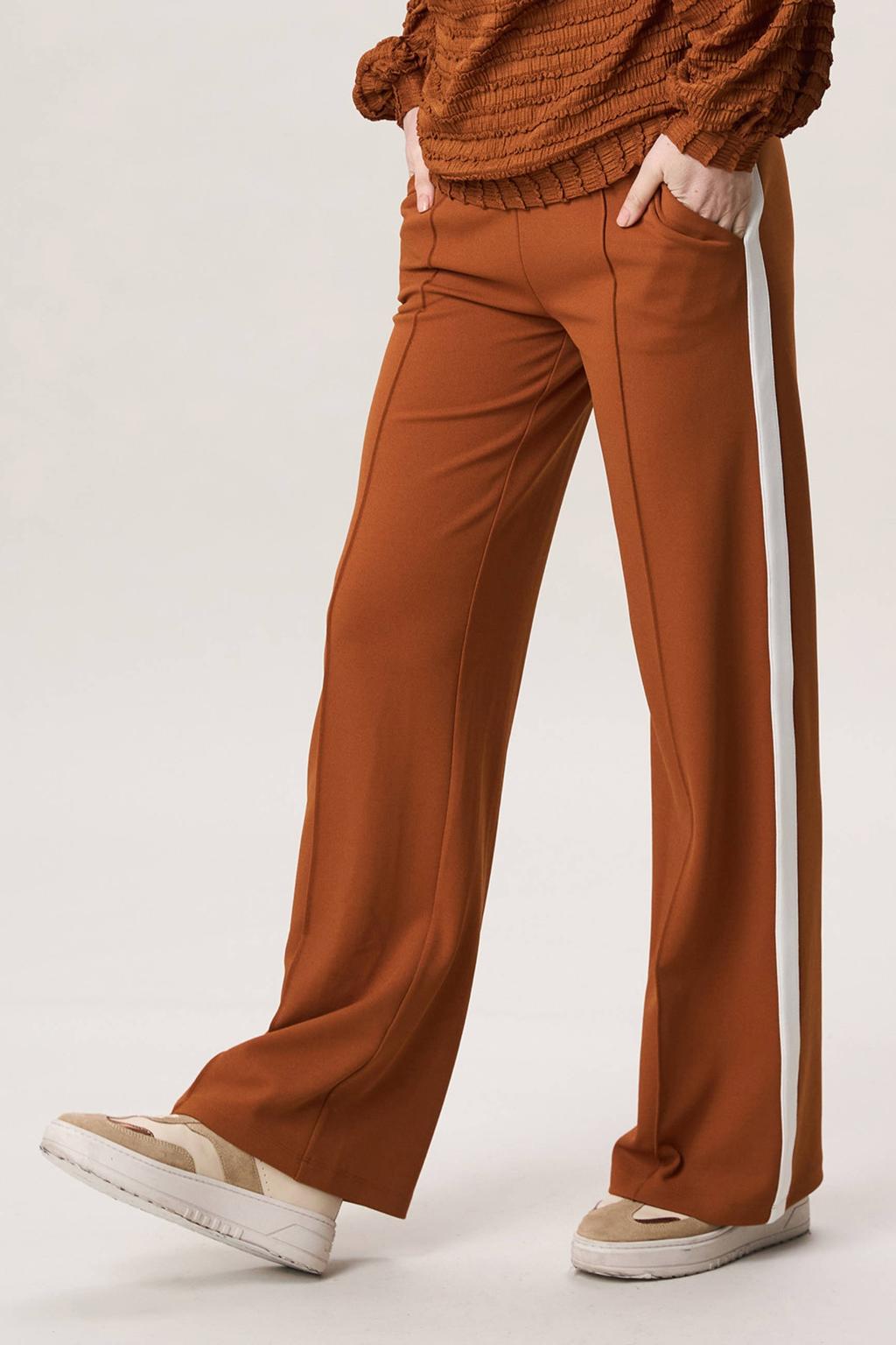 Bruine dames Miss Etam straight high waist casual broek van polyester met elastische tailleband en strepenprint