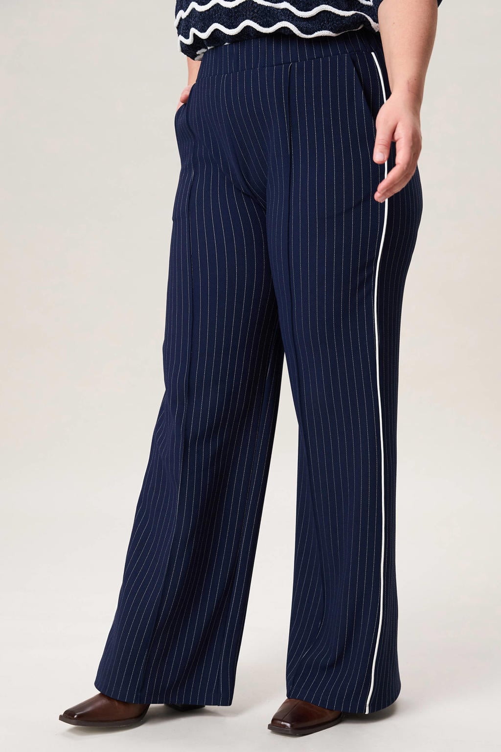 Donkerblauwe dames Miss Etam Plus straight high waist gestreepte casual broek van polyester