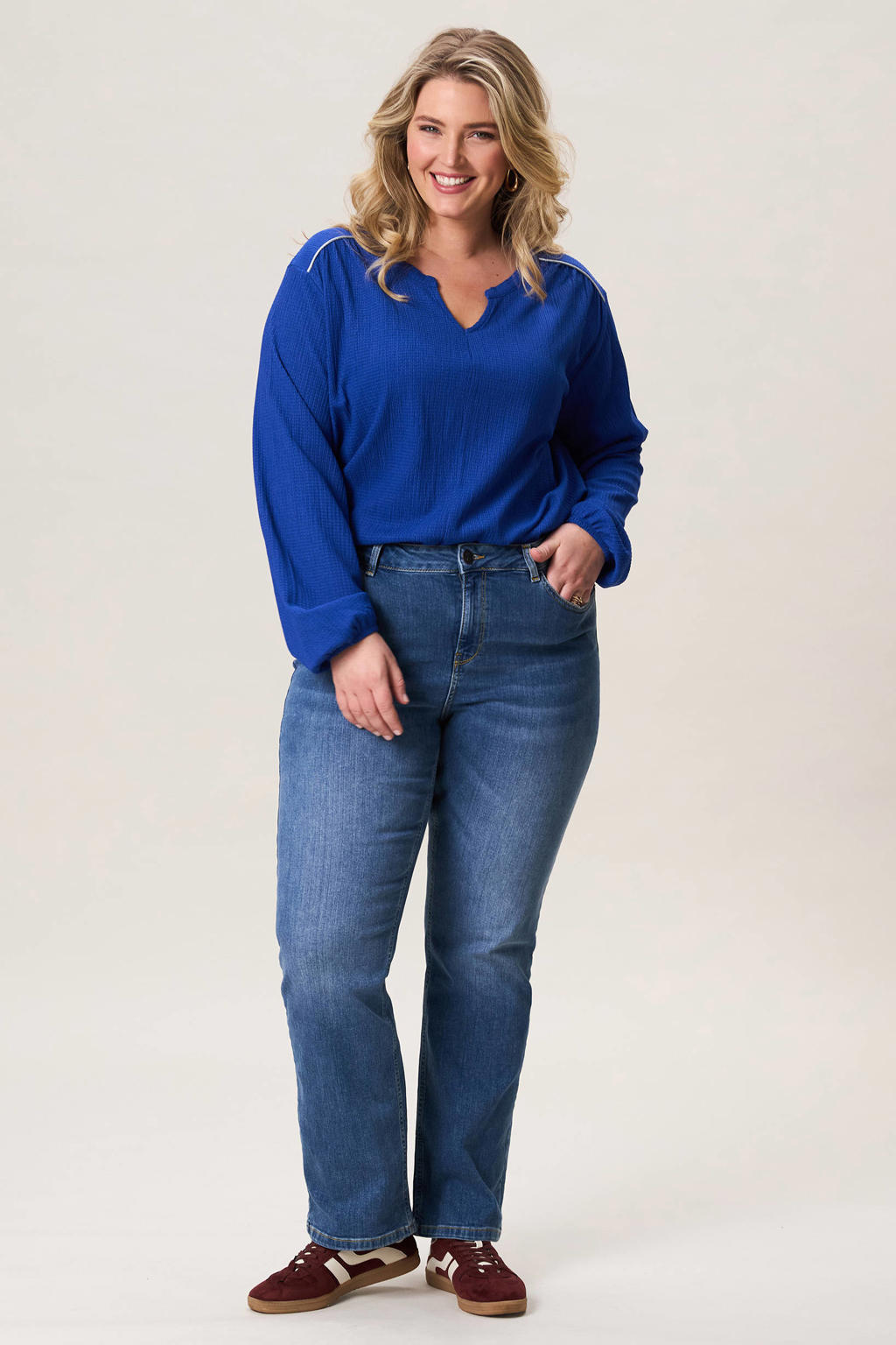 Blauwe dames Miss Etam Plus blousetop van polyester met effen en lange mouwen