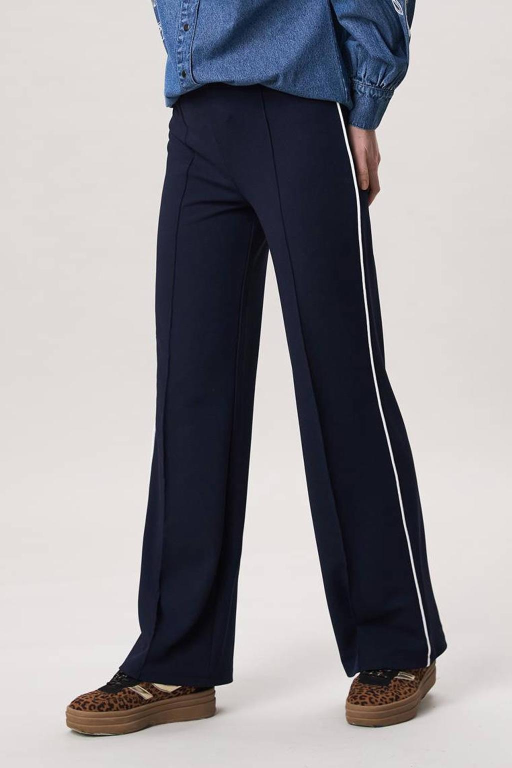Donkerblauw en witte dames Miss Etam wide leg high waist gestreepte casual broek