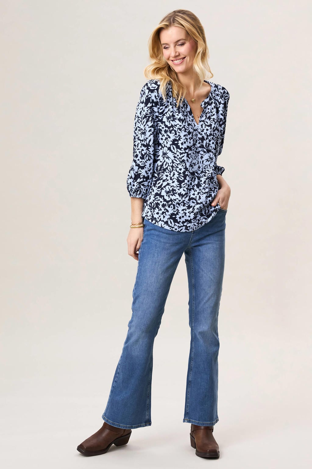 Blauwe dames Miss Etam blousetop van polyester met driekwart mouwen en V-hals
