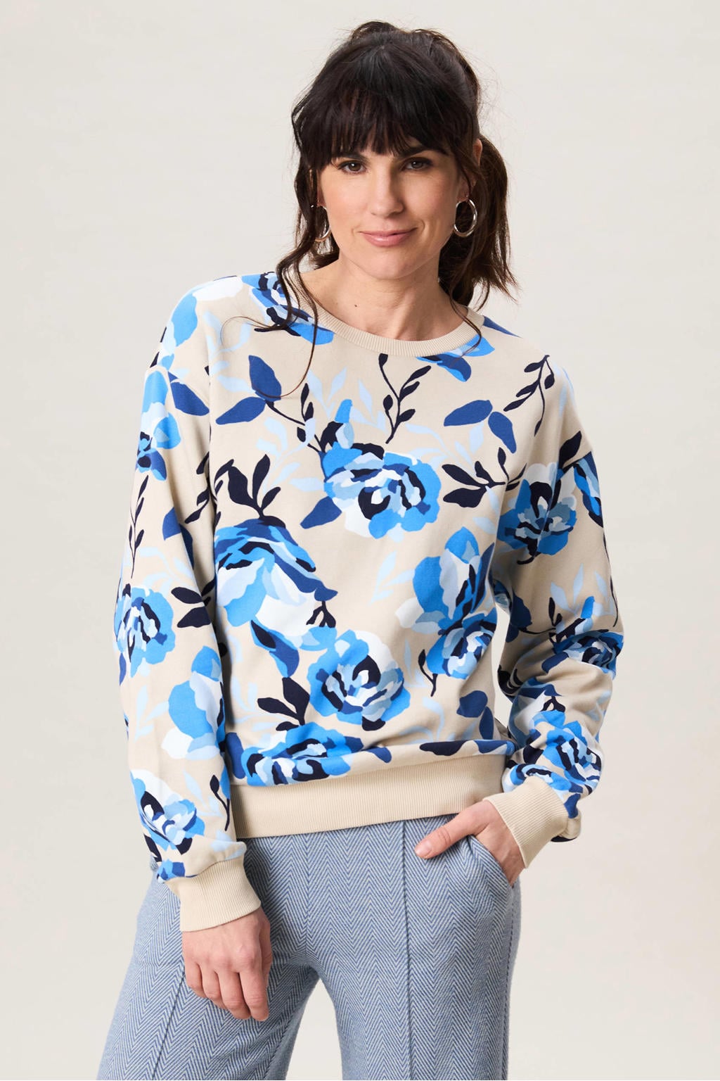 Blauwe dames Miss Etam gebloemde sweater van katoen met lange mouwen en ronde hals