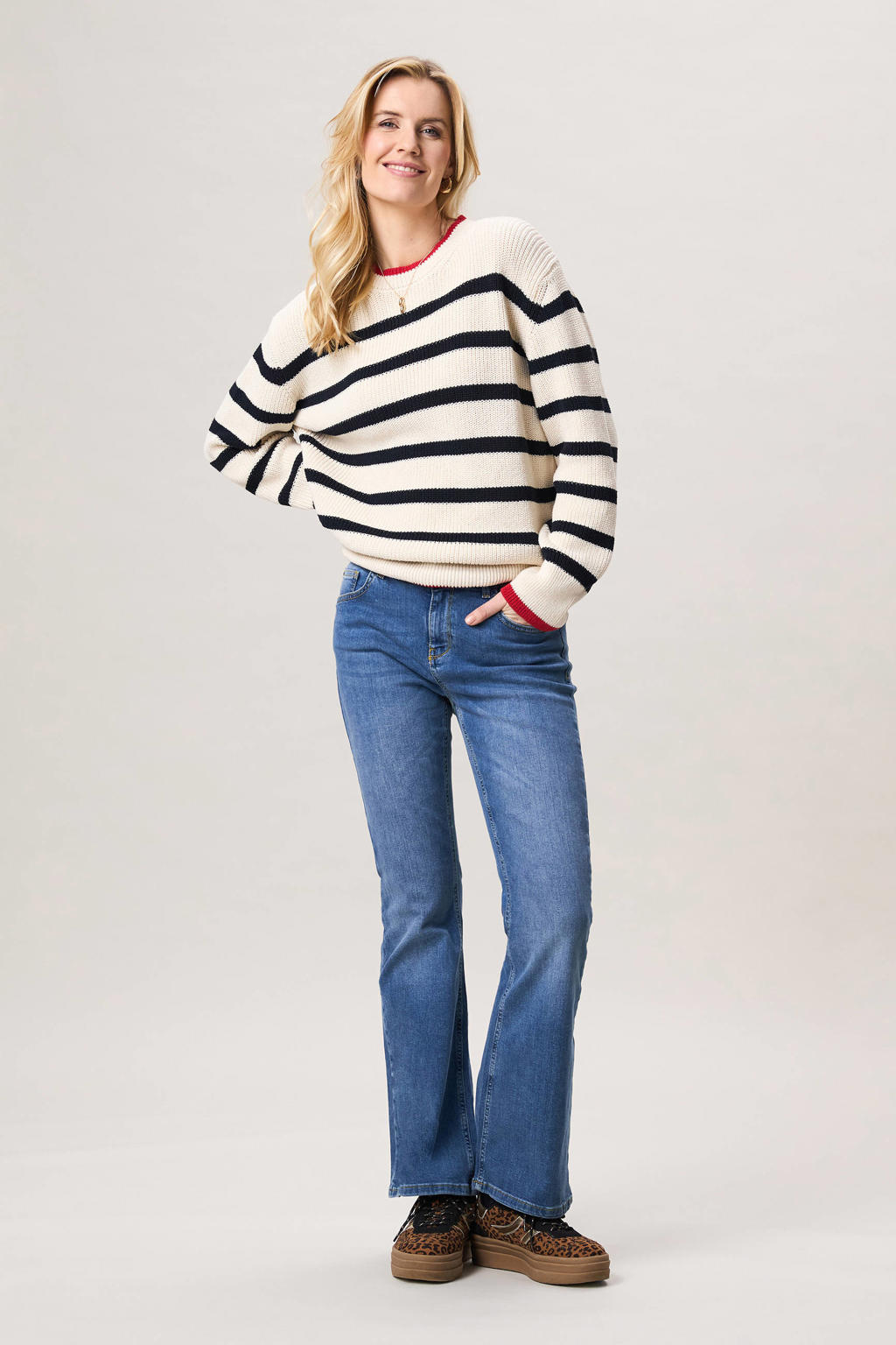 Ecru en zwarte dames Miss Etam gestreepte pullover van katoen met lange mouwen en ronde hals