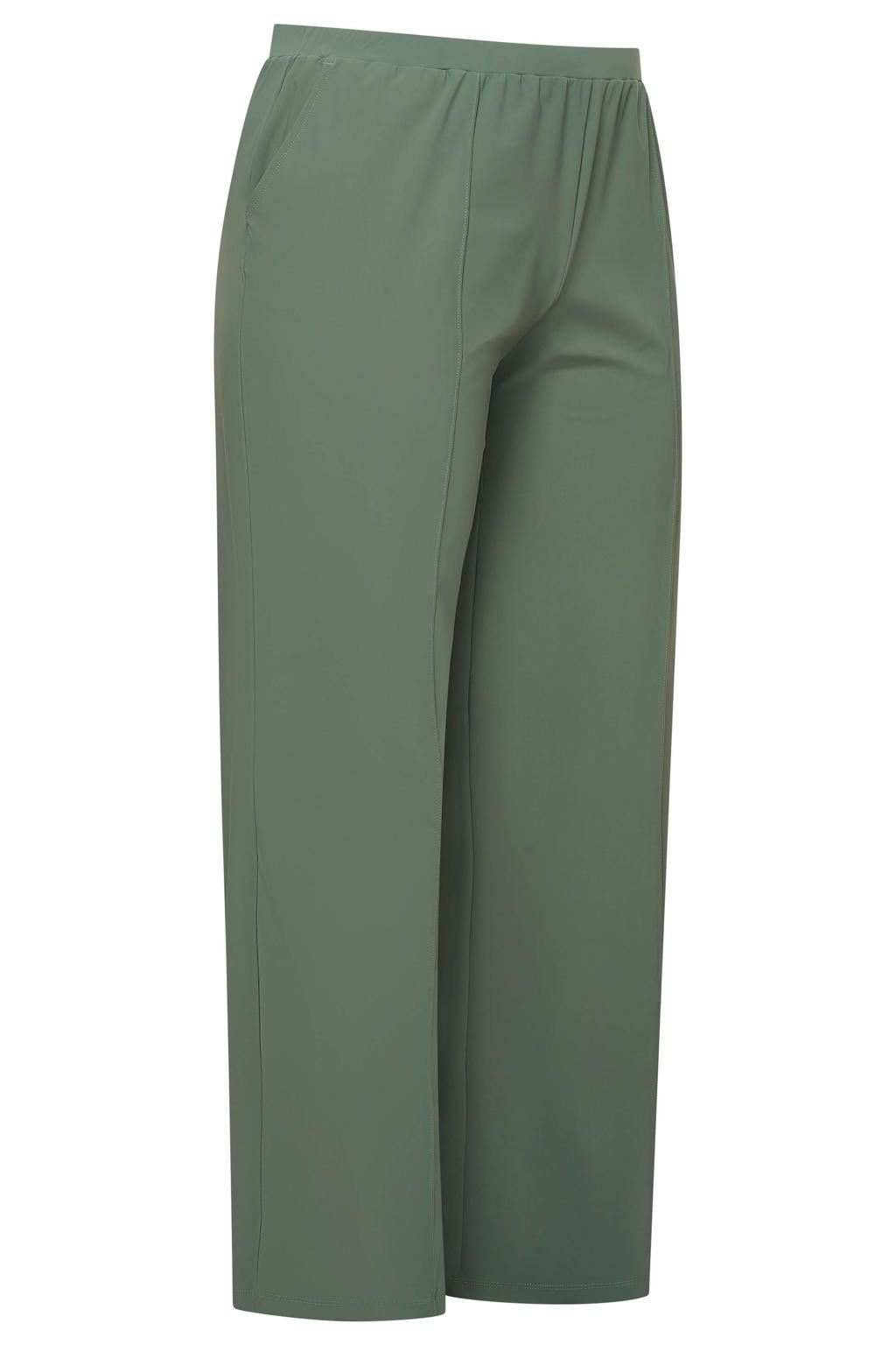 Groene dames Plus Basics broek van travelstof met loose fit, high waist en effen