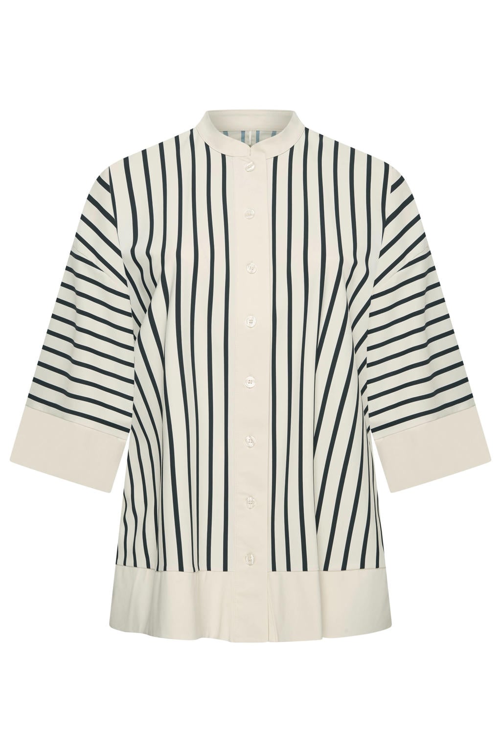 Ecru en zwarte dames Plus Basics gestreepte tuniek van polyamide met driekwart mouwen en knoopsluiting