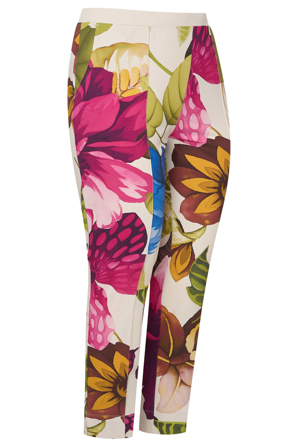 Wit, roze en groene dames Plus Basics travelstof straight regular waist cropped broek