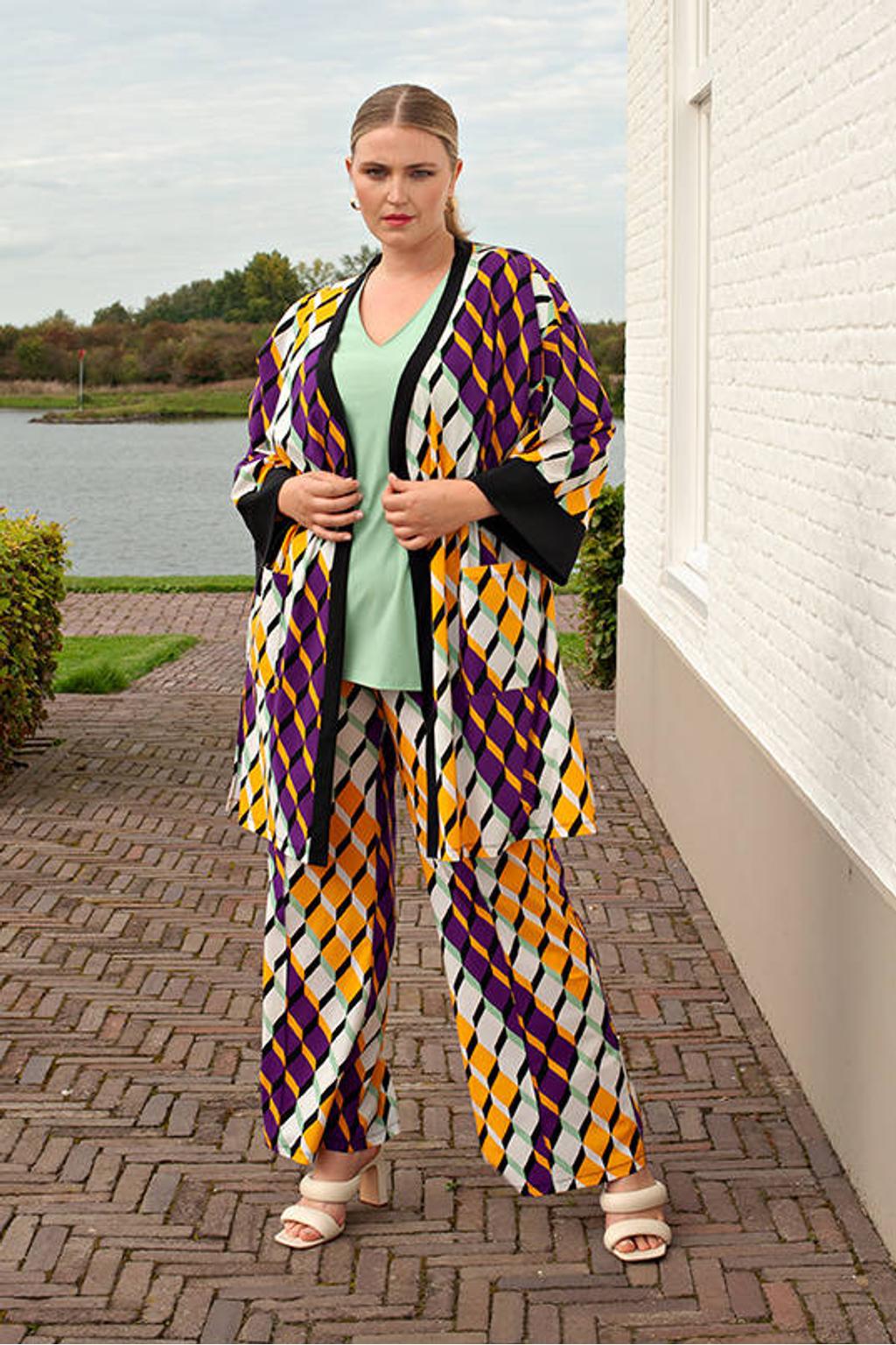 Paars en gele dames Plus Basics travelstof wide leg regular waist gestreepte broek