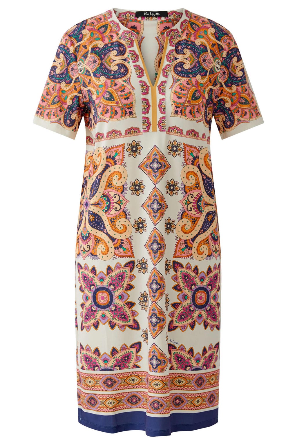 Multikleurige dames Miss Lagotte midi jurk van polyester met korte mouwen en mao kraag