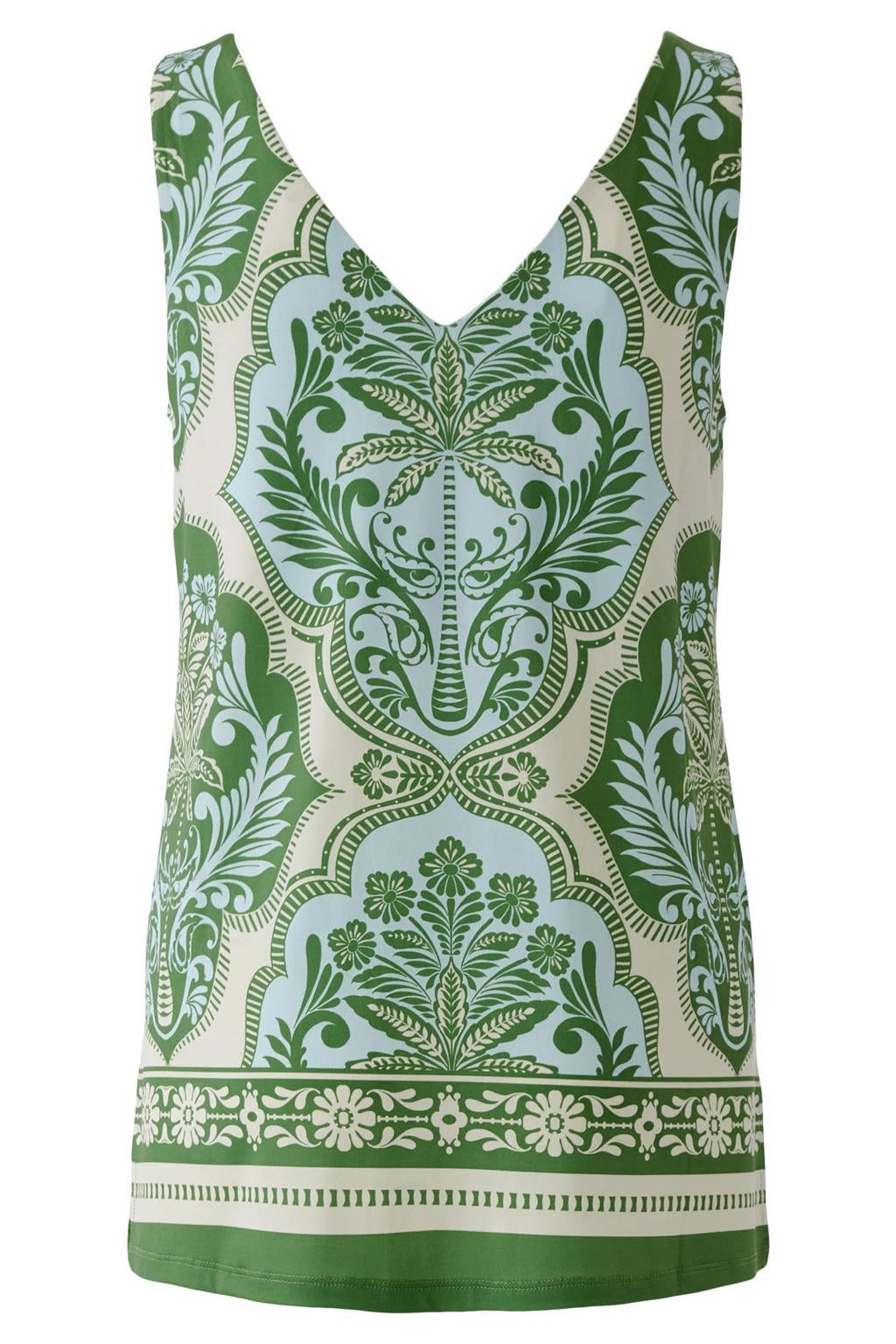 Groen, blauw en beige dames Miss Lagotte top van polyester met grafische print en V-hals