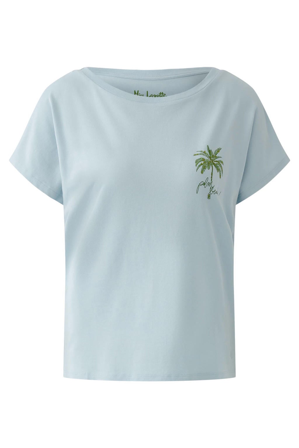 Lichtblauwe dames Miss Lagotte top met backprint, korte mouwen en ronde hals