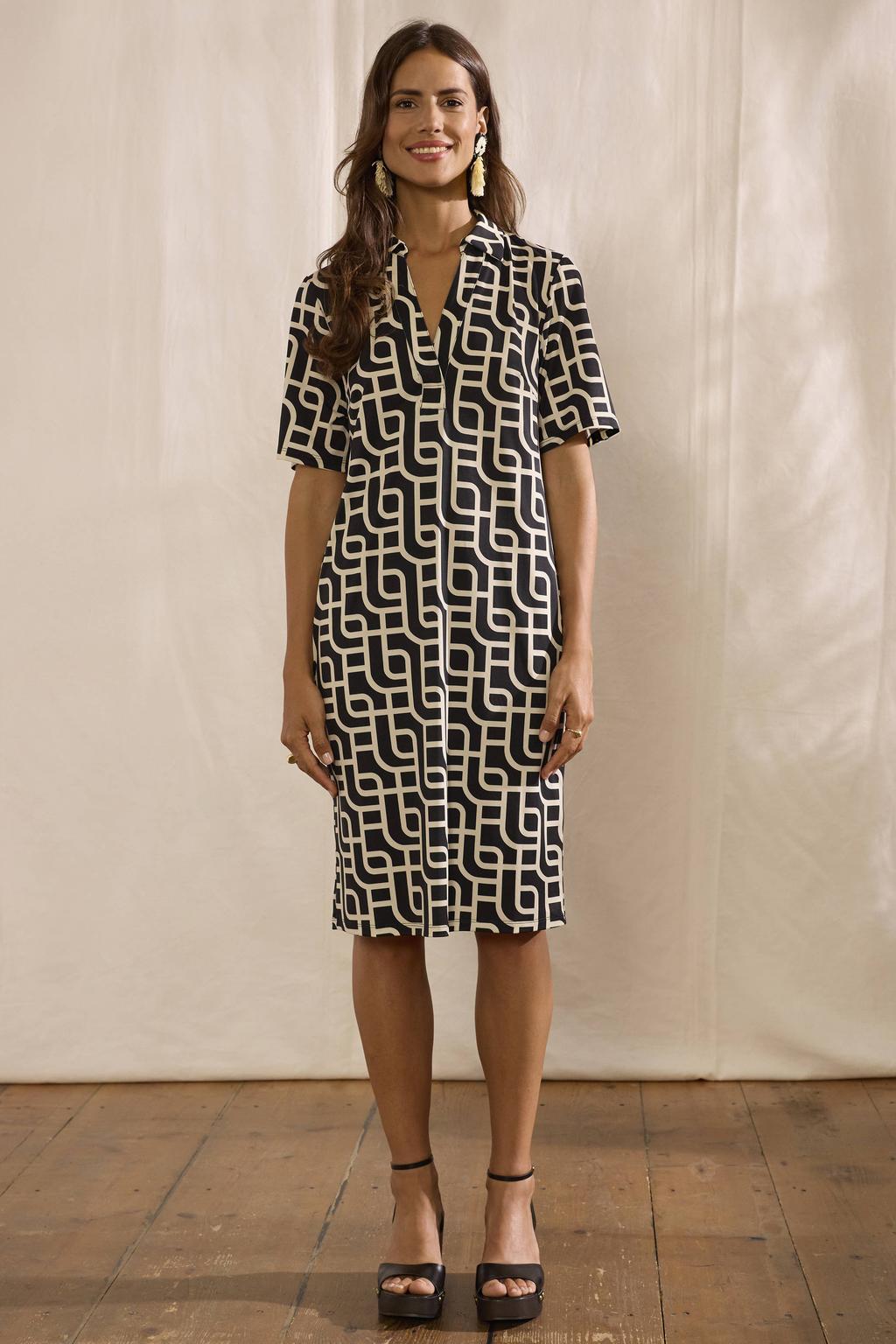 Zwart en ecru dames Miss Lagotte midi jurk van polyester met korte mouwen en V-hals