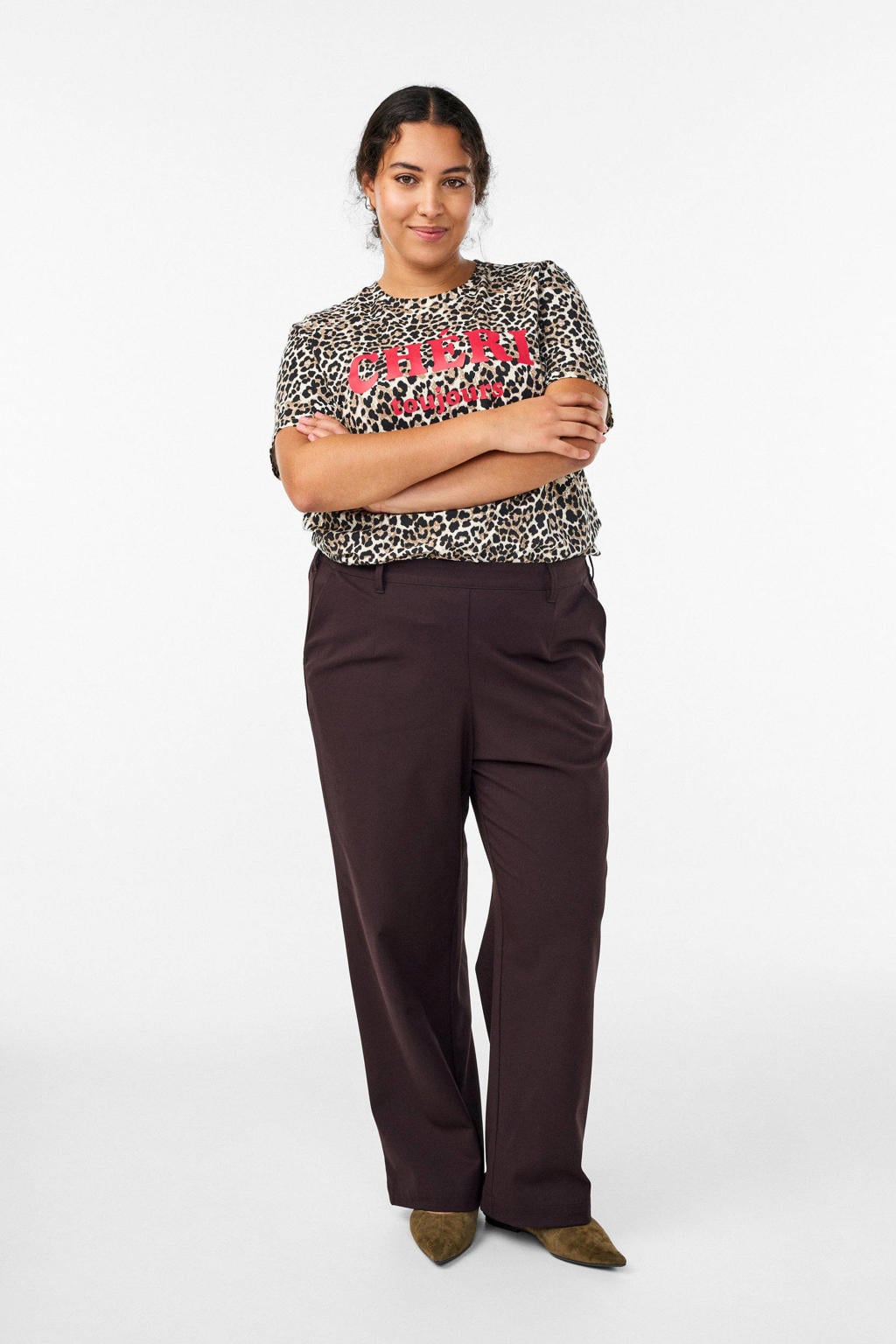 Bruine dames Zizzi T-shirt van katoen met dierenprint, korte mouwen en ronde hals