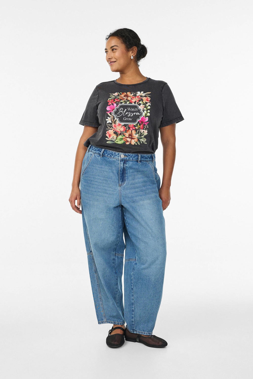 Grijs en multikleurige dames Zizzi T-shirt van katoen met printopdruk, korte mouwen en ronde hals