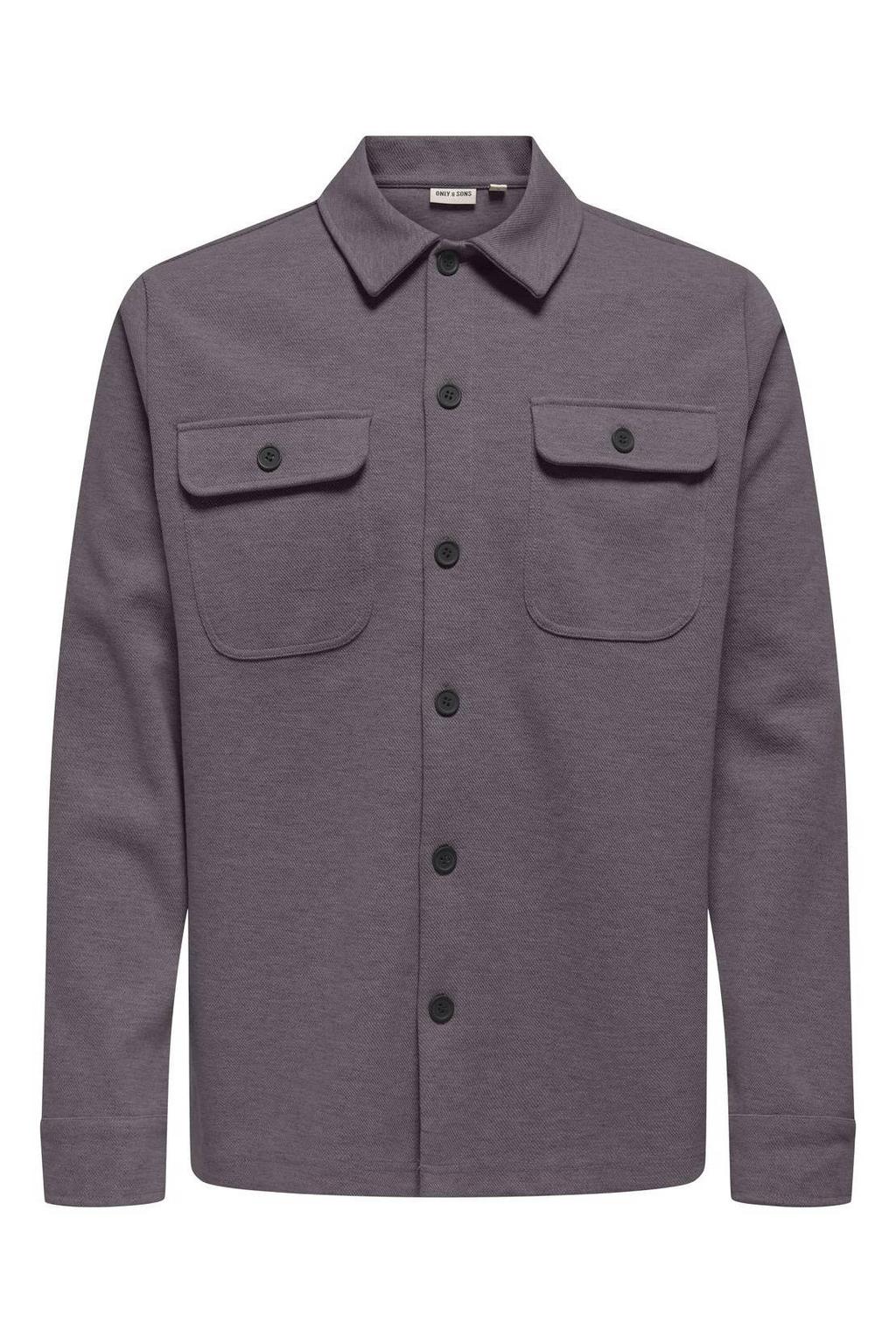 Grijze heren ONLY & SONS overshirt van polyester met effen, lange mouwen, klassieke kraag en knoopsluiting