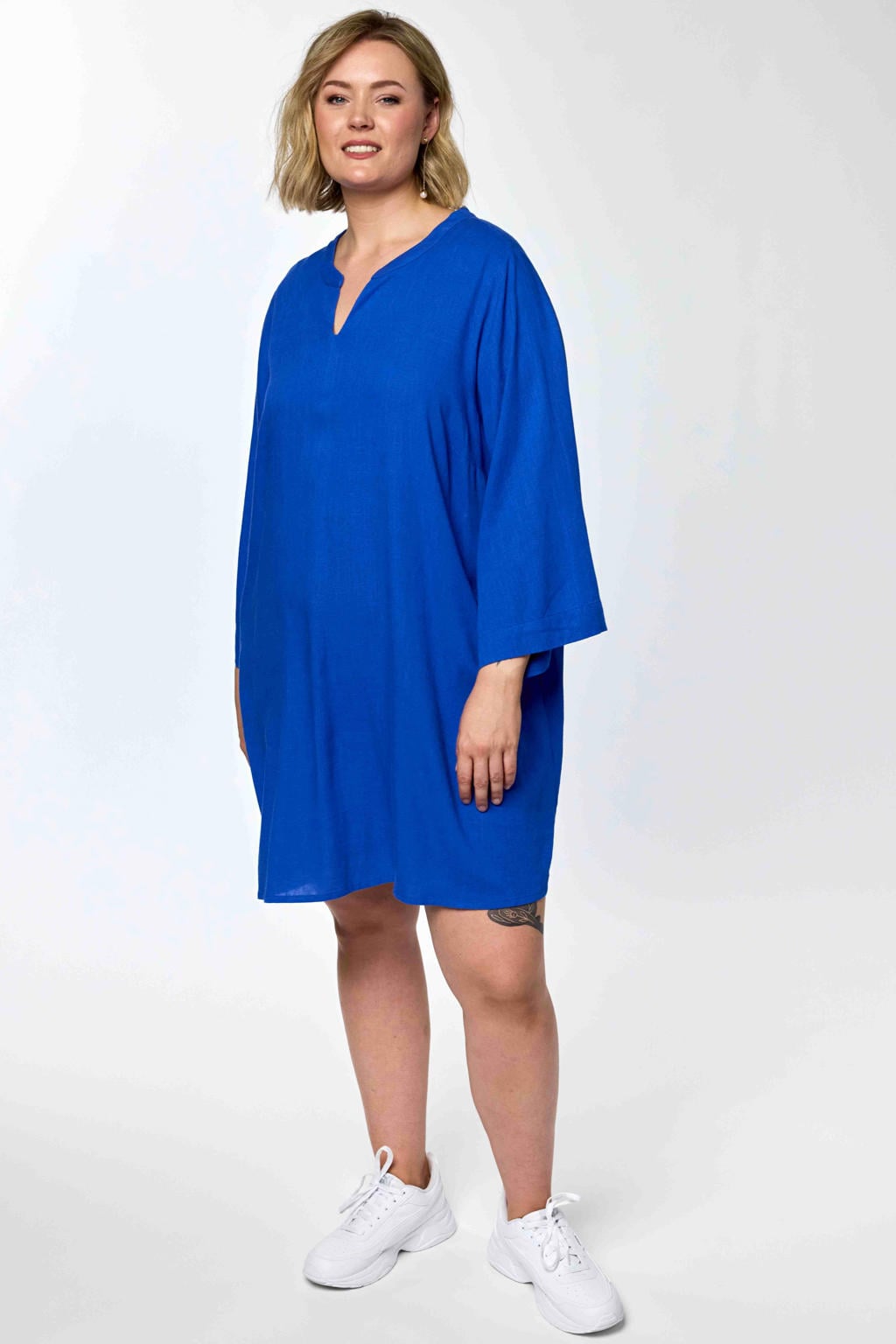 Blauwe dames Gozzip tuniek van viscose met effen, lange mouwen en V-hals